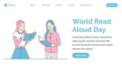 World read aloud day landing page vector template. Women reading books, enjoying novels.
