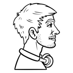 monochrome vector illustration of a young man with three-day beard and headphones from the side.  Profile, avatar, comic, head.
