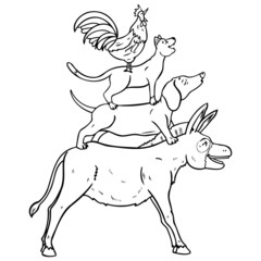 the Bremen Town Musicians.  Donkey, dog, cat, rooster.  skillful, illustration, monochrome, comic, Grimm brothers, coloring book.