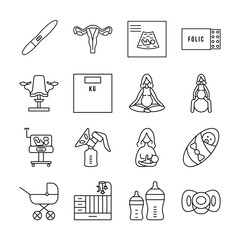 Pregnancy and childbirth line vector icon set. Group of objects about pregnancy and the birth of a baby and breastfeeding
