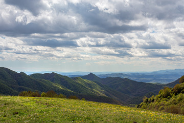 Heavy clouds hanging over the hill with flowers and mountains covered by the forest. Nature landscape. Ridges of the mountains at the background