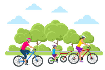 Family outdoor activity. Happy family concept. Healthy Lifestyle Outdoor. Bicycle isometric people.