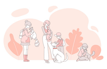 Children with domestic animals vector cartoon illustration. Friendly pets with their owners outline concept.