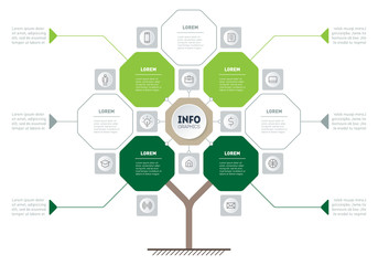 Vector infographic of technology or education process with 4 or 7 points. Template of tree. Eco Business presentation concept with four or seven options. Info graphics made of octagons.