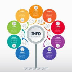 Business presentation or infographics concept with 9 options and icons. Template of tree, chart or diagram. Info graphic of technology or education process with nine steps. Full technological cycle