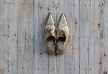 golden shoes on a wooden floor