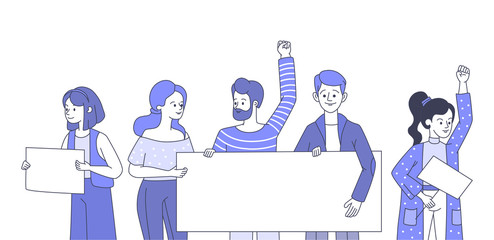People holding banners and placards vector illustration. Activism, demonstration, social movement concept.