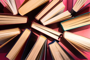 Naklejka premium Many multi-colored books on a pink background.
