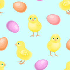 Easter seamless pattern. Yellow cute chickens and colored eggs on a blue background. Vector festive illustration in cartoon flat style.