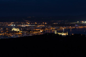 Fototapeta na wymiar Mallorca, Spain, December 12 2016: Cathedral and Bellver Castle at Night .Aeral view of Palma de Mallorca Harbour.
