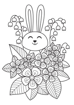 Cute easter bunny in flowers doodle coloring book page. Hand Drawn black and white sketch. Antistress coloring book page for adults.