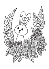 Cute easter bunny in flowers doodle coloring book page. Hand Drawn black and white sketch. Antistress coloring book page for adults.