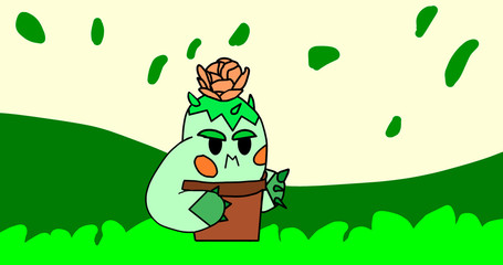 Green angry cactus in a flowerpot with a pink flower on his head