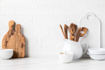 Kitchen utensils,tools  and dishware .nterior, modern kitchen space in bright colors.