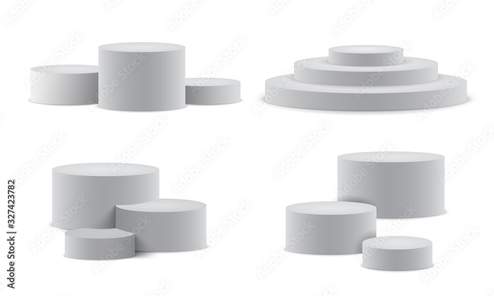 Poster set realistic podium. pedestal and platform, stand stage, cylinder. round empty stages and podium st