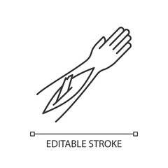 Open bone fracture pixel perfect linear icon. Bone sticking out of human arm. Badly injured hand. Thin line customizable illustration. Contour symbol. Vector isolated outline drawing. Editable stroke