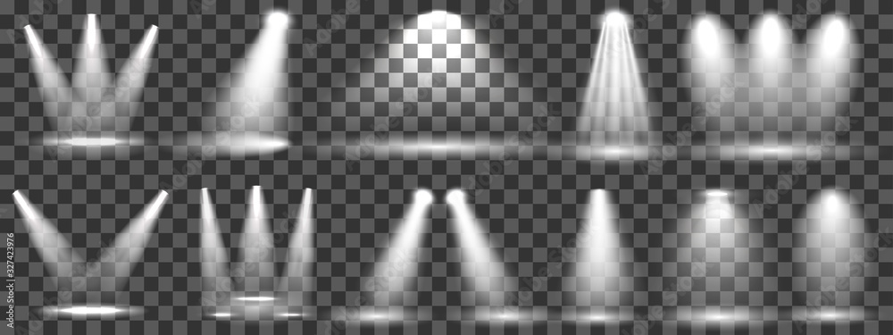 Poster set illuminated spotlight on transparent background. transparent realistic effect. bright light beam
