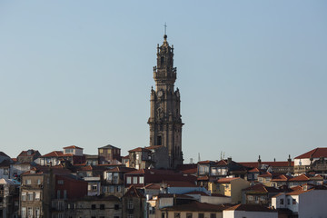 View of Torre dos Clerigos in the center of the city old Porto, Portugal.