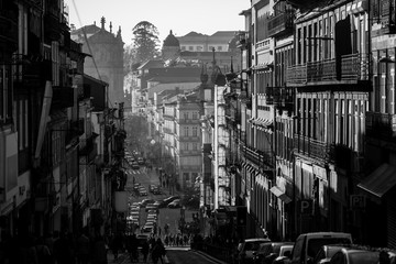One of the streets in old downtown. Porto, Portugal. Black and white photo. - 327424321
