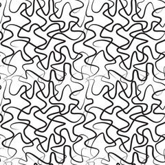 Winding threads seamless pattern. Black twirled and crossing lines on white background. Tangled ropes of different thickness wrapping texture. Vector eps8 illustration.