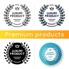 Luxury product icon. Linear black and RGB color styles. Brand equity, prestigious company status. Premium product emblem with laurel wreath and crown isolated vector illustrations