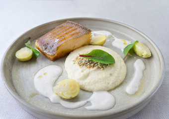 salmon with mashed potatoes and white sauce
