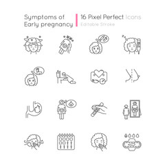 Fototapeta na wymiar Early pregnancy symptom pixel perfect linear icons set. Family planning. Maternity and motherhood. Customizable thin line contour symbols. Isolated vector outline illustrations. Editable stroke