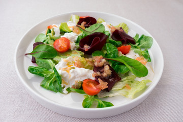 Vegetarian salad of tomatoes, beets, lettuce,