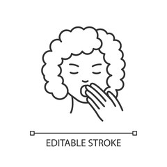 Drowsiness pixel perfect linear icon. Sleepy woman. Tired lady. Early symptom of pregnancy. Thin line customizable illustration. Contour symbol. Vector isolated outline drawing. Editable stroke