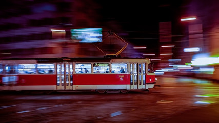 Fast tram in night Prague