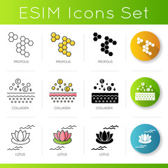 Cosmetic ingredient icons set. Propolis honeycombs. Lotus flower. Collagen filler formula. Organic beauty products. Linear, black and RGB color styles. Isolated vector illustrations