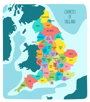Hand drawn map of England with counties. Colorful hand drawn vector illustration