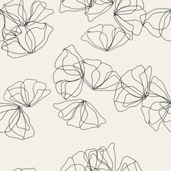 Floral seamless monochrome pattern. One line style hand drawn trendy texture - 327425750