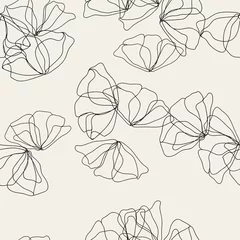 Wall murals One line Floral seamless monochrome pattern. One line style hand drawn trendy texture