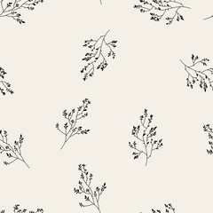 Vintage minimal floral seamless pattern with hand drawn twigs. Linear spring flowers