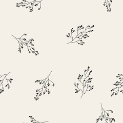 Vintage minimal floral seamless pattern with hand drawn twigs. Linear spring flowers