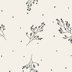 Fototapety  Vintage minimalny kwiatowy wzór z ręcznie rysowane gałązki. Liniowe wiosenne kwiaty