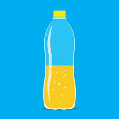 Plastic bottle half filled of fresh sparkling orange juice. Flat icon isolated on sky blue background. Yellow liquid in transparent container. Stylized vector eps10 illustration with transparency.