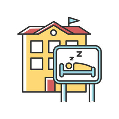 Hotel RGB color icon. Hostel, inn. Motel building. Sleeping accommodation services. Travelling facilities. Residential area. Apartment block. Isolated vector illustration