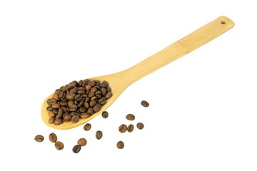 Wooden spoon with coffee beans isolated on a white background