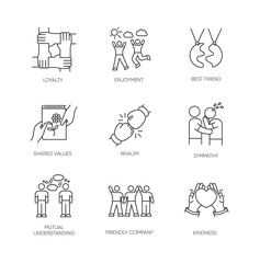 Fototapeta premium Friendship pixel perfect linear icons set. Emotional affection, interpersonal bond, social relationship customizable thin line contour symbols. Isolated vector outline illustrations. Editable stroke