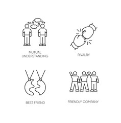Friendship types pixel perfect linear icons set. Mutual understanding. Social connection customizable thin line contour symbols. Isolated vector outline illustrations. Editable stroke