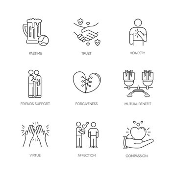 Friends relationship pixel perfect linear icons set. Social connection, strong interpersonal bond customizable thin line contour symbols. Isolated vector outline illustrations. Editable stroke