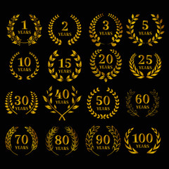 Birthday gold symbols with laurels leaf shapes. Emblem for achievement award. Golden anniversary laurel wreaths. Vector.