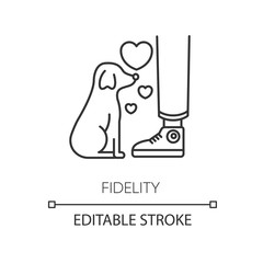 Fidelity pixel perfect linear icon. Thin line customizable illustration. Best friend, friendship with pet. Domestic animal love contour symbol. Vector isolated outline drawing. Editable stroke
