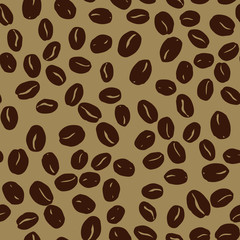 Coffee beans seamless pattern. Seeds of coffee randomly placed on brown background. Wrapping repeating texture. Hand drawn vector eps8 illustration.