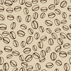 Coffee beans seamless pattern. Seeds of coffee randomly placed on light brown background. Wrapping repeating texture. Hand drawn vector eps8 illustration.