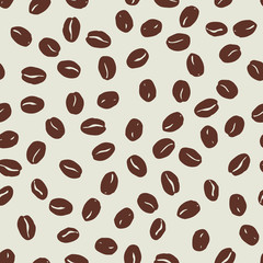 Coffee beans seamless pattern. Seeds of coffee randomly placed on beige background. Wrapping repeating texture. Hand drawn vector eps8 illustration.