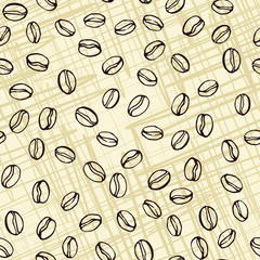 Coffee beans seamless pattern. Seeds of coffee randomly placed on beige scratched background. Wrapping repeating texture. Hand drawn vector eps8 illustration.