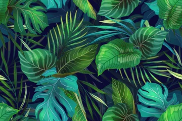 Behang Palmbomen Donker patroon met exotische bladeren